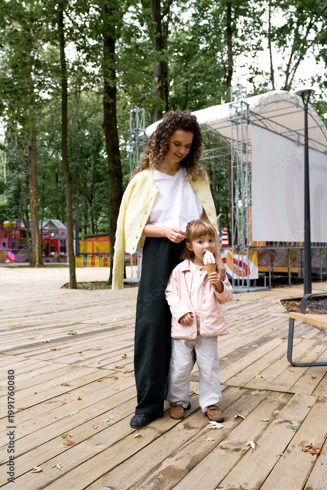 Fototapeta premium Enjoying ice cream together in a lively amusement park under sunny skies