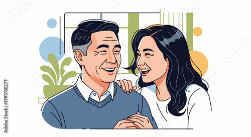 A couple sharing a joyful moment with a plant and abstract shapes in the background
