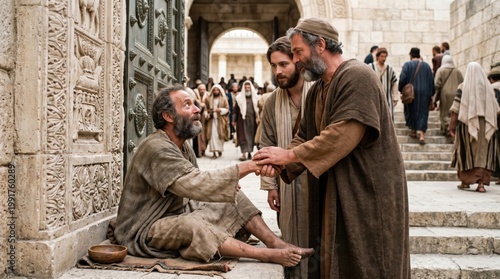 Apostle Peter and John healing a crippled man at the temple gate. Biblical scene depiction from the Acts of the Apostles. Religious historical event representing faith and divine miracle.