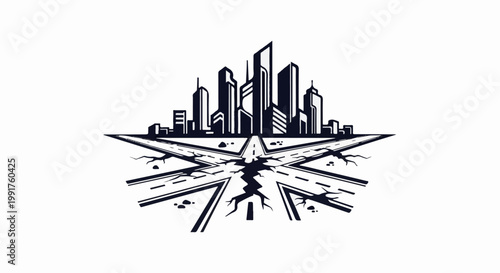 A cracked intersection of roads leads to a stylized cityscape under a stark white background