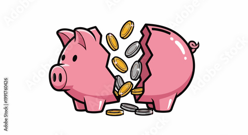 A cracked pink piggy bank spills coins, symbolizing financial loss