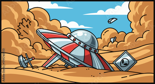 A crashed flying saucer is buried in sand dunes with debris and an alien warning sign nearby