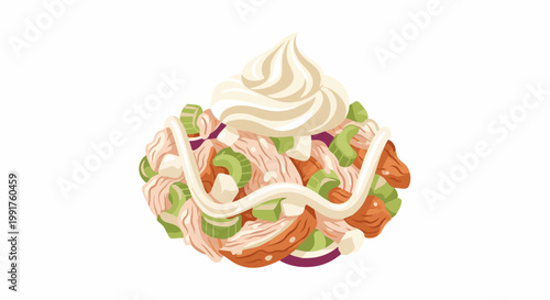 A creamy mound of finely chopped chicken salad with visible pieces of celery and almonds