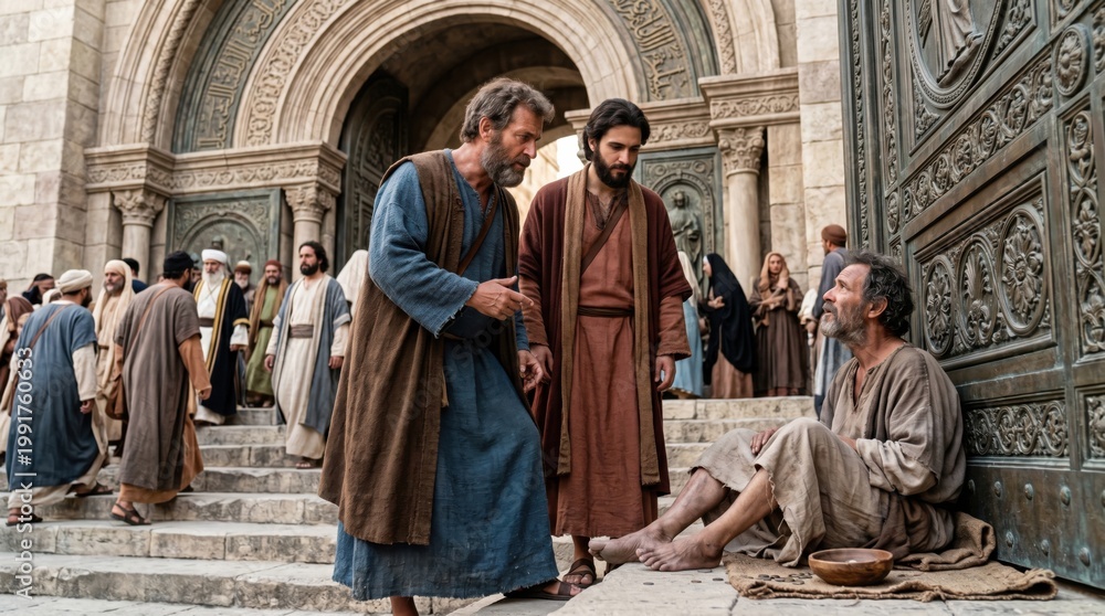 Fototapeta premium Apostles Peter and John healing a crippled man at the temple gate. Biblical scene based on Acts chapter 3. Ancient Jerusalem setting, divine miracle, faith, mercy, religious history.