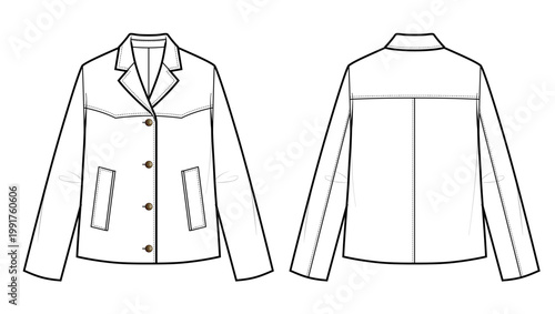 Women Tailored Casual Jacket Technical Flat Sketch, Western Yoke Button Up Smart Jacket Front and Back
