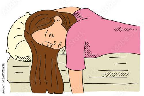 Tired teen girl lying on couch doodle vector isolated. Hand-drawn illustration of a woman with lack of energy. Exhausted female character resting.