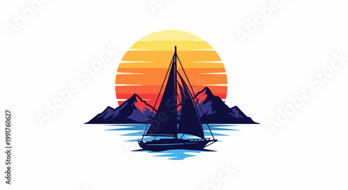 A dark sailboat glides on blue water with mountains behind and a striped sunset