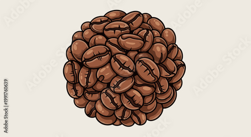 A detailed, circular cluster of roasted coffee beans against a light background