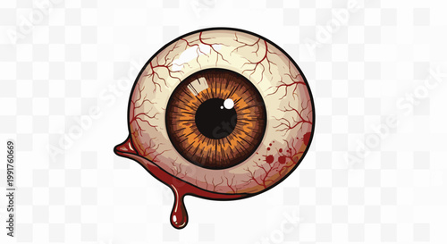 A detailed, close-up illustration of a realistic eyeball with a brown iris and a blood-red pupil, exuding a drop of blood