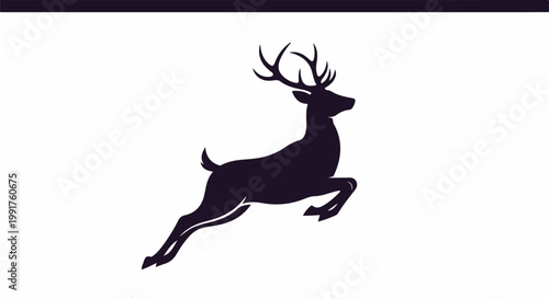 A dark silhouette of a leaping stag with large antlers against a white background