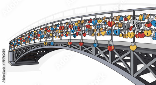 A curved bridge railing adorned with numerous colorful heart-shaped and rectangular padlocks