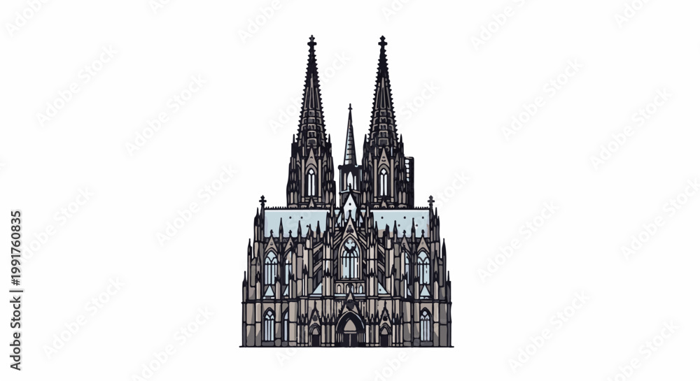 Obraz premium A detailed illustration of a grand Gothic cathedral with twin spires and intricate stonework