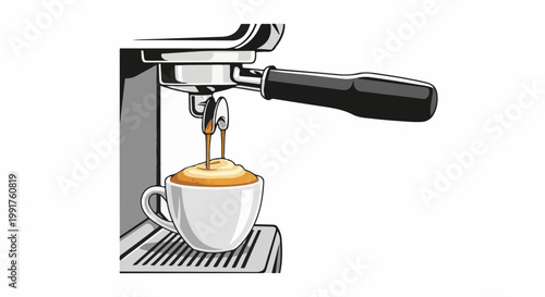 A detailed illustration of a coffee machine pouring a freshly brewed espresso into a white cup