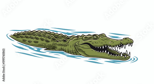 A detailed illustration of a green crocodile with its mouth open, swimming in blue water