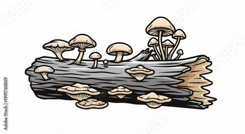 A decaying log is covered with various types of mushrooms, some clustered and some scattered