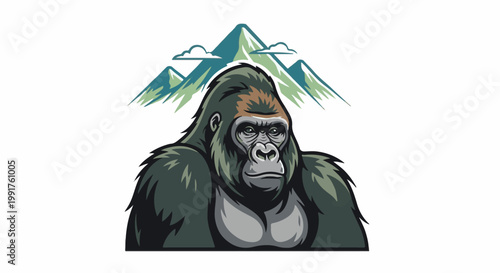 A detailed illustration of a powerful silverback gorilla against a backdrop of misty mountains