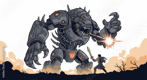 A formidable mechanical beast confronts a lone warrior wielding a radiant sword in a desolate landscape