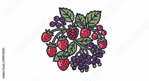 A decorative arrangement of fresh berries and green leaves