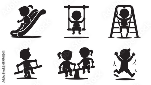 Black Silhouette Children Playing On Playground Equipment For Kid Fun Concepts