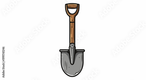 A drawing of a metal spade with a wooden handle, shown on a white background