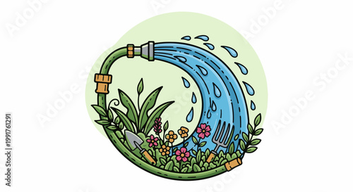 A garden hose curves, watering colorful flowers, plants, and garden tools within a light green circle