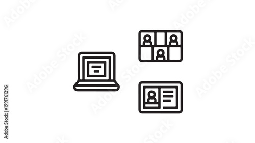 Laptop and Video Conference Icons on White Background For Remote Work Concepts