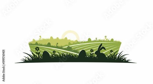 A gentle sun rises over a green field with a rabbit and Easter eggs