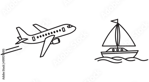 Minimalist airplane and sailboat line art icons for travel and transportation concepts vector illustration