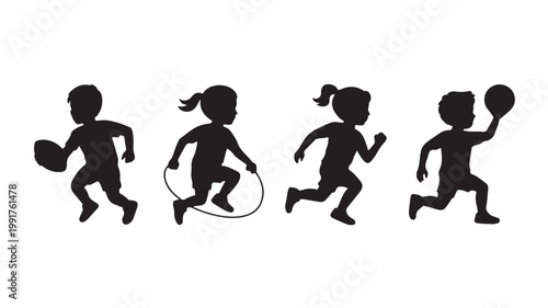 Silhouettes Of Children Playing Running Jumping Rope And Ball On White Background For Kids Sports Concepts