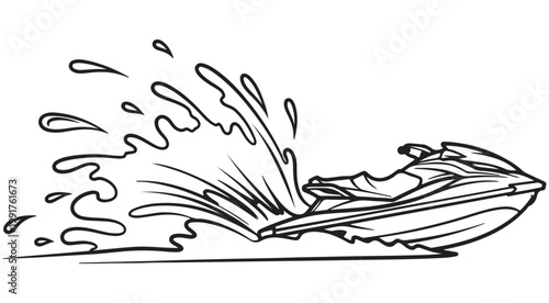 Personal watercraft speeding on water with large splash vector illustration for coloring book or logo design