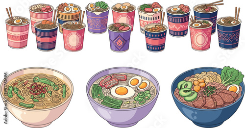 Ramen Noodles in Bowls and Cups with Toppings and Eggs Vector Set for Asian Cuisine and Food Illustrations