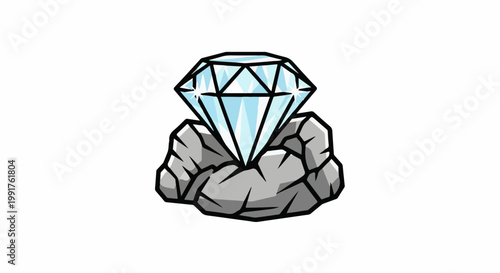 A faceted diamond rests on a bed of grey rocks, sparkling with light