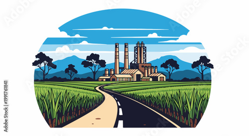 A factory stands amidst lush green fields with a winding road leading to it under a cloudy blue sky