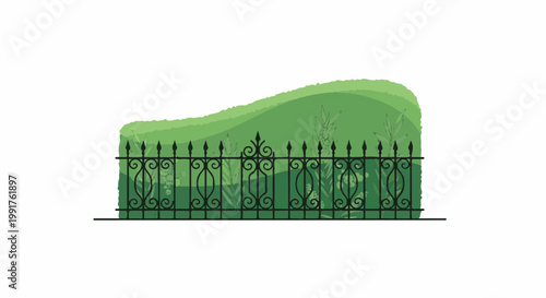 A decorative wrought iron fence borders a lush green hedge with subtle plant details