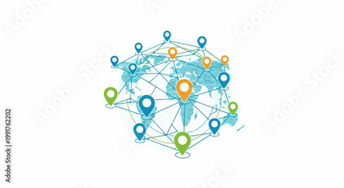 A global network with colorful location markers and connecting lines