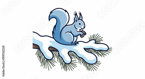 A cute cartoon squirrel with a fluffy tail sits on a snow-covered pine branch, holding a nut