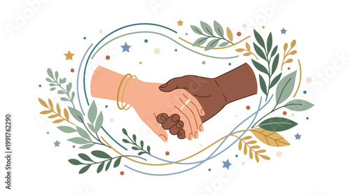 Close-up of two hands shaking surrounded by decorative floral elements symbolizing partnership and trust