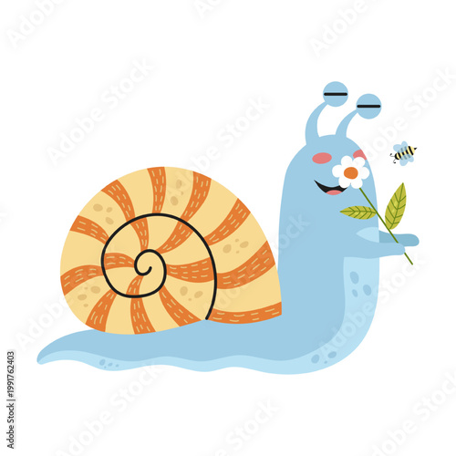 A happy and joyful blue snail sniffs a flower. A bee flies toward the flower. A bright and stylish shell. Vector flat illustration.