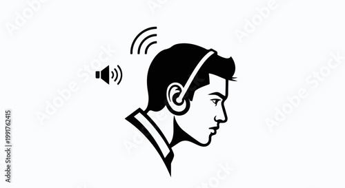 A person wearing headphones listens to a speaker icon, indicating audio