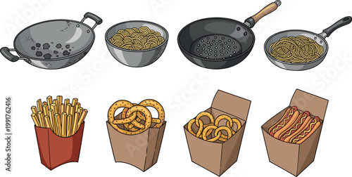 Fast Food Snacks: Fries, Pretzels, Noodles, and Hot Dogs in Boxes and Frying Pans Vector Set for Food Illustrations