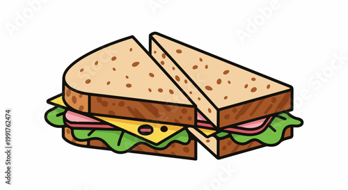 A cute, cartoonish sandwich with toasted bread, cheese, ham, and lettuce, presented in isometric view