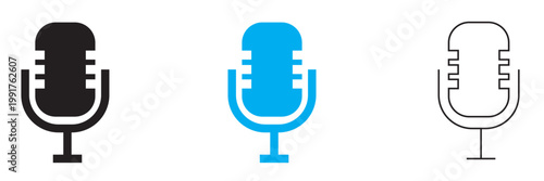 Microphone icon with sound waves, audio recording symbol, voice input and sound transmission sign, podcast and music mic icon, speech recording device, broadcast media symbol, vector illustration set