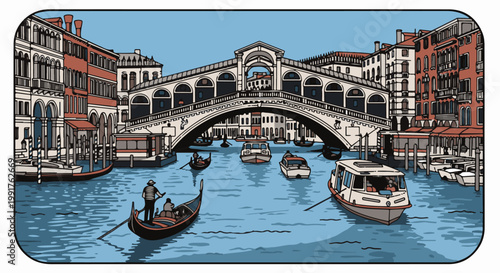 A picturesque canal scene in Venice, featuring the Rialto Bridge and various boats navigating the water