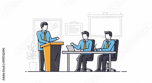 A presenter addresses two attentive individuals sitting at a desk in a modern meeting room