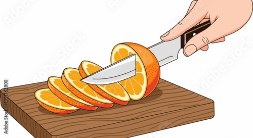 A hand slicing an orange into several slices on a wooden cutting board