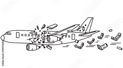 Minimalist line art vector illustration of an airplane breaking apart mid-air representing a crash or aviation disaster