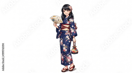 Woman in traditional dark blue floral kimono holding a fan with japanese