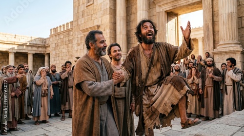 Apostle Peter helping happy man walk again in front of temple. Biblical scene of Jerusalem. Miracle healing of crippled person. Religious historical drama, hope and faith concept.