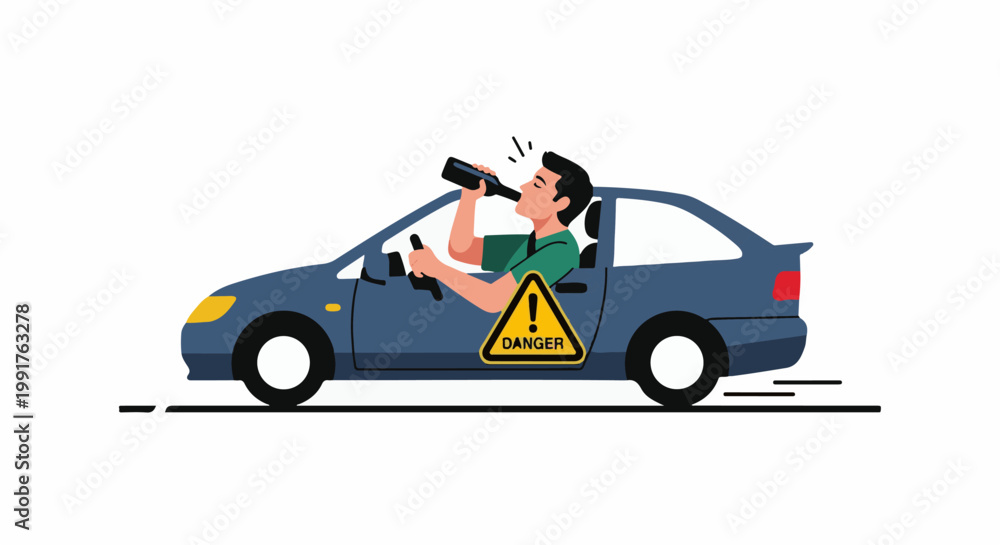Naklejka premium A man driving a car and drinking from a bottle, with a danger sign