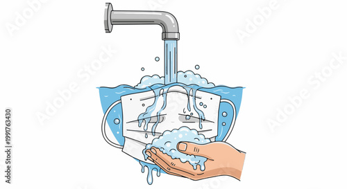 A hand washes surgical masks under running water from a faucet, creating abundant soap suds